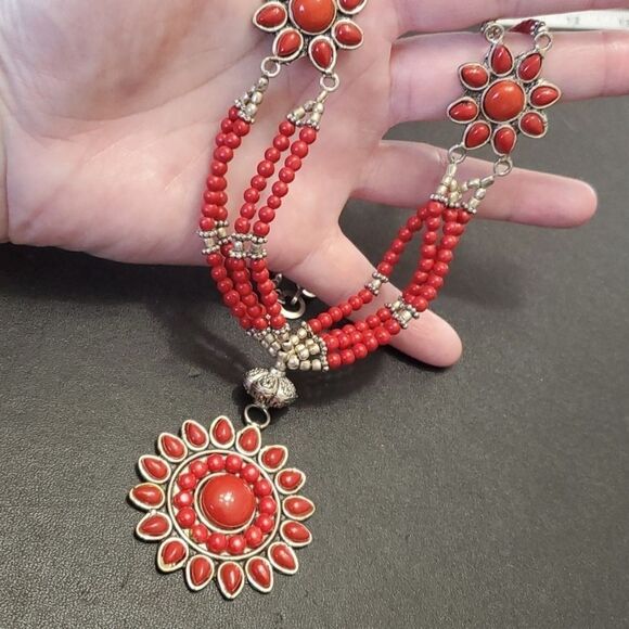 Sterling silver red coral beaded vintage necklace